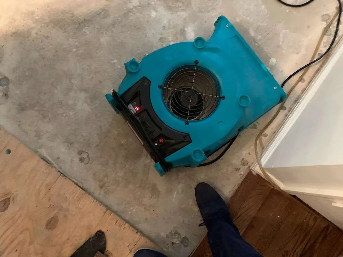 Air mover drying subfloor during Commercial Water Damage Restoration in Newark